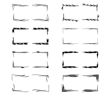 Siyah doğrusal grunge çerçeve koleksiyonu. Geometrik dikdörtgen boş sınırları öğeleri kümesi. Vektör çizim. 