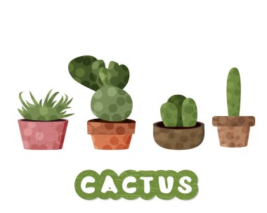 Kaktüsler kil Demlikli kümesi. Beyaz arka plan üzerinde izole el yazısı yazı ile succulents topluluğu. Vektör çizim.