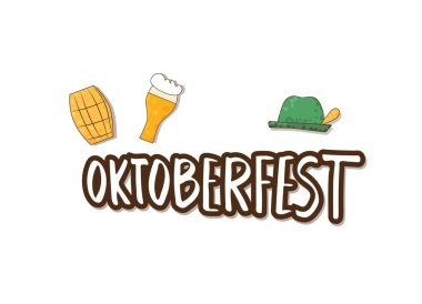 Oktoberfest yazı kompozisyon. El yazısı metin etiket bira bardağı, fıçı, şapka ile. Vektör çizim.