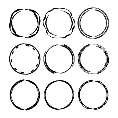 Yuvarlak grunge çerçeve kümesi. Boş circlular sınırlar. Vektör çizim. 