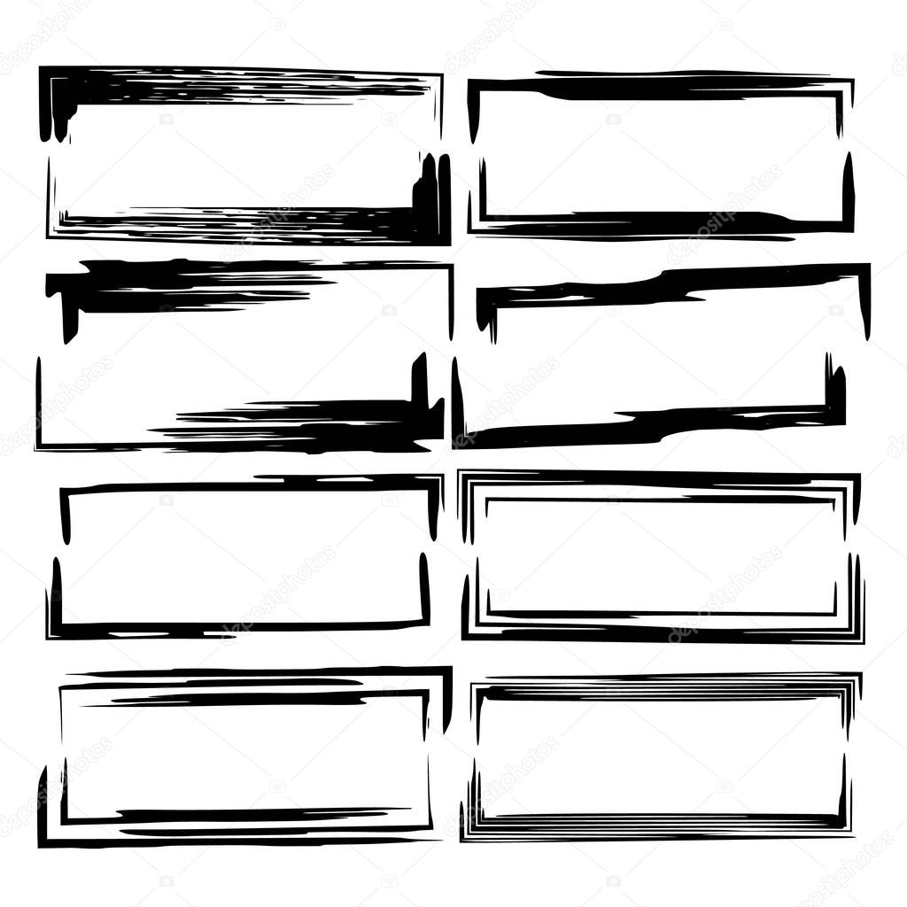 Set of black rectangle grunge frames. Geometric empty borders. Linear frame. Vector illustration. 