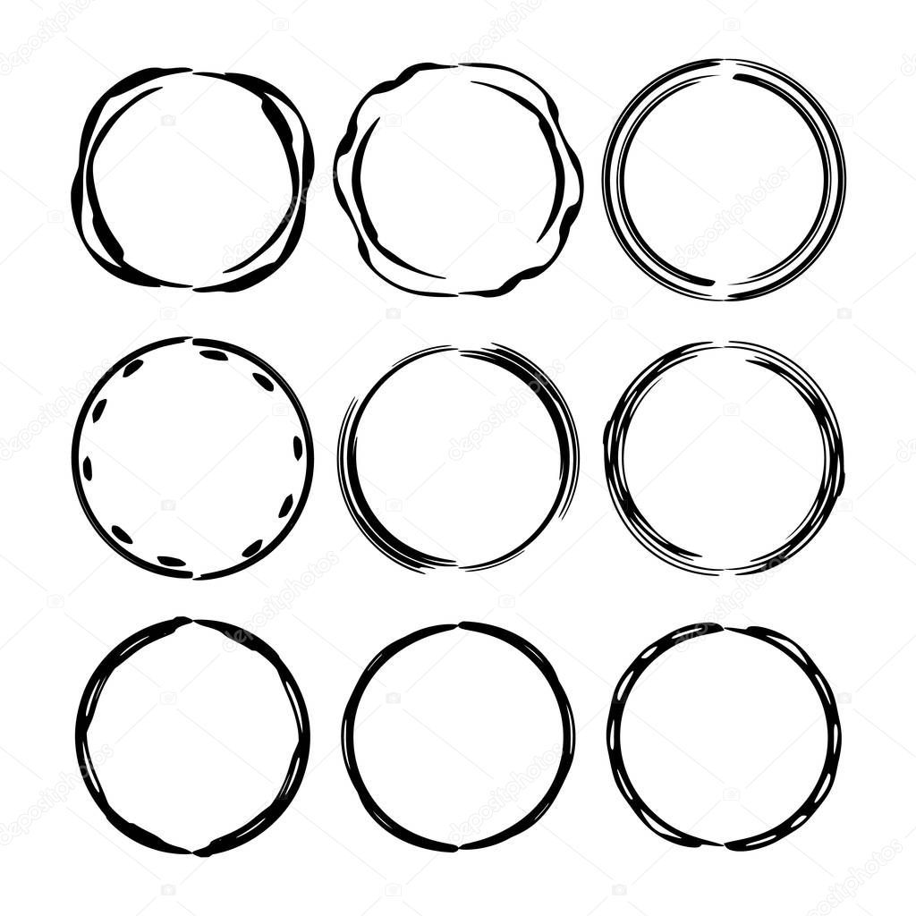 Set of round grunge frames. Empty circlular borders. Vector illustration. 