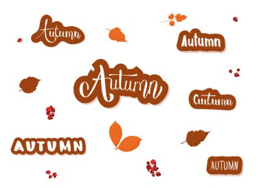 El yazısı Sonbahar dekorasyonu ile sopa yazı kümesi. Vektör çizim.