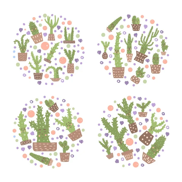 Vector schattig cactus comositon ontwerpset. — Stockvector