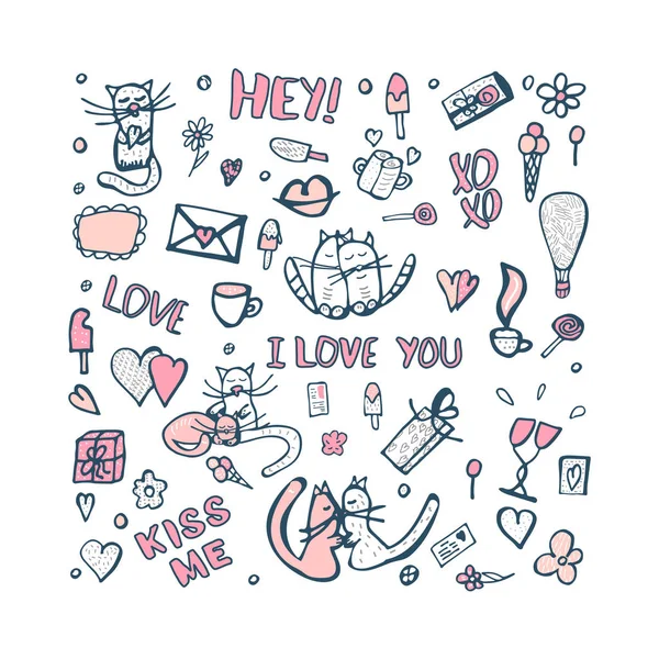 Doodle conjunto com símbolos de amor bonito. Ilustração vetorial . — Vetor de Stock