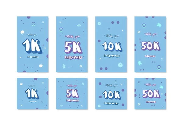 1K, 5K, 10K, 50K seguidores gracias tarjetas. Vector plantilla de redes sociales . — Vector de stock