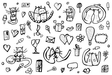 Tatlı aşk sembolleri kümesiyle doodle. Vektör çizim. 