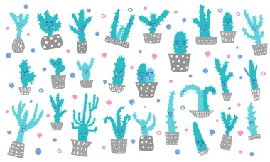Vektör şirin kaktüs compositon doodle stil kümesi.