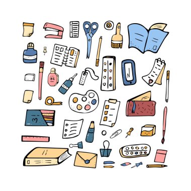 Vektör doodle kırtasiye kümesi. Ofis, banka donatımı.