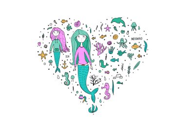 Deniz kızı ve deniz ayarlayın. Vektör çizim.