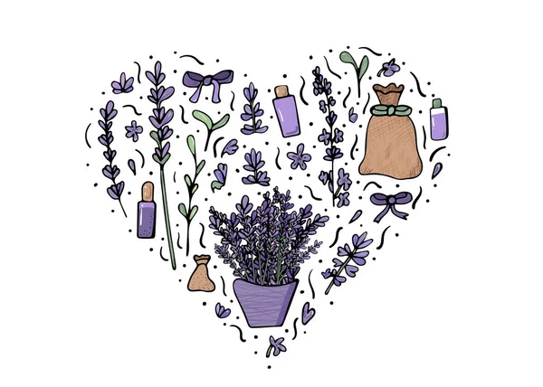 Conjunto de composición de lavanda en estilo doodle . — Vector de stock