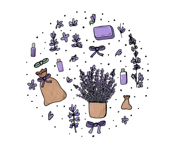 Lavendel set samenstelling in doodle stijl. — Stockvector