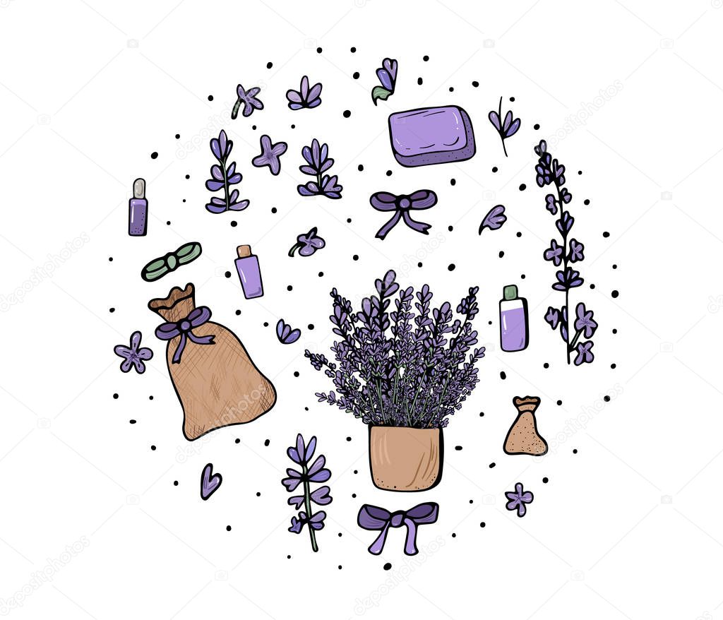 Lavender circle composition in doodle style. Round badge of flowers elements isolated on white background. Vector illustration.