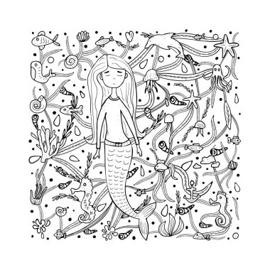 Deniz kızı ve deniz ayarlayın. Vektör çizim.