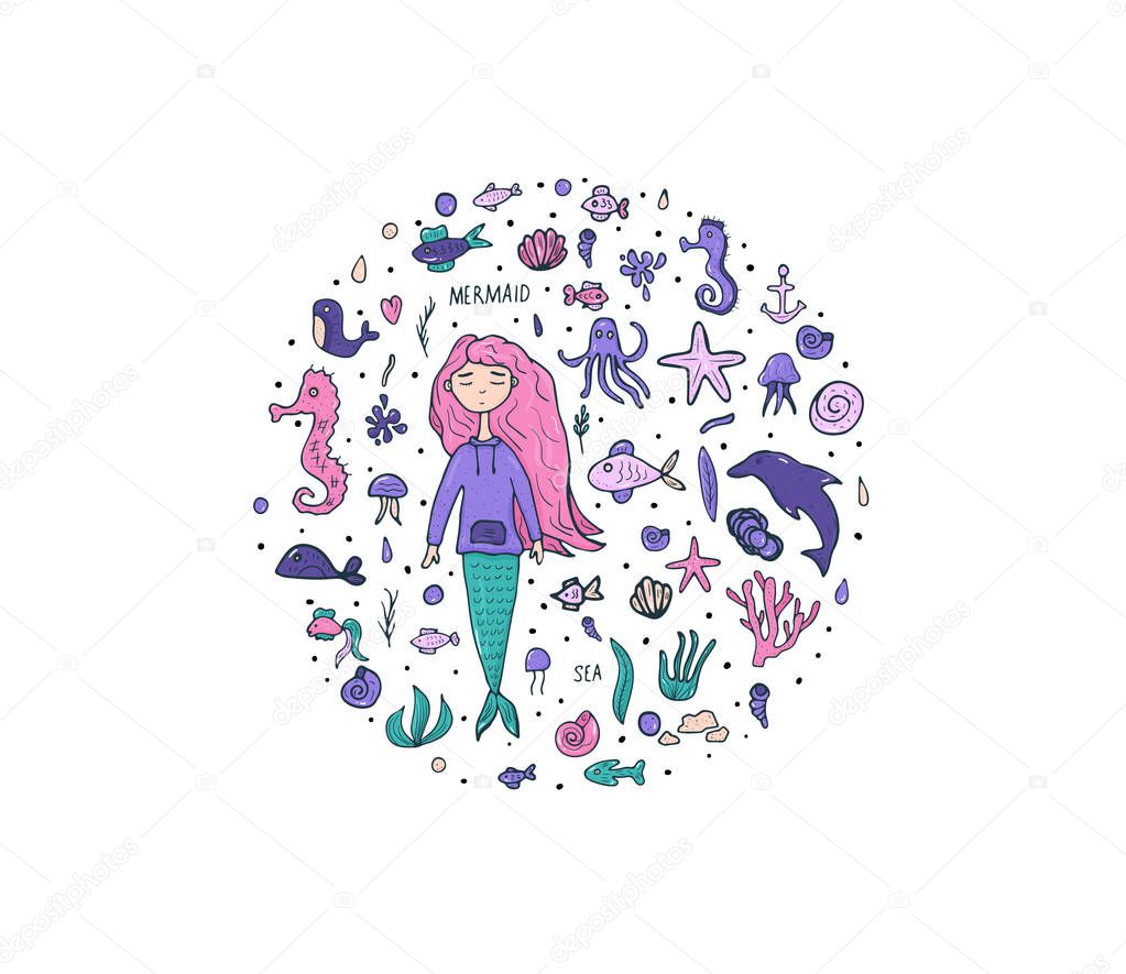 Mermaid and sea set. Vector illustration.