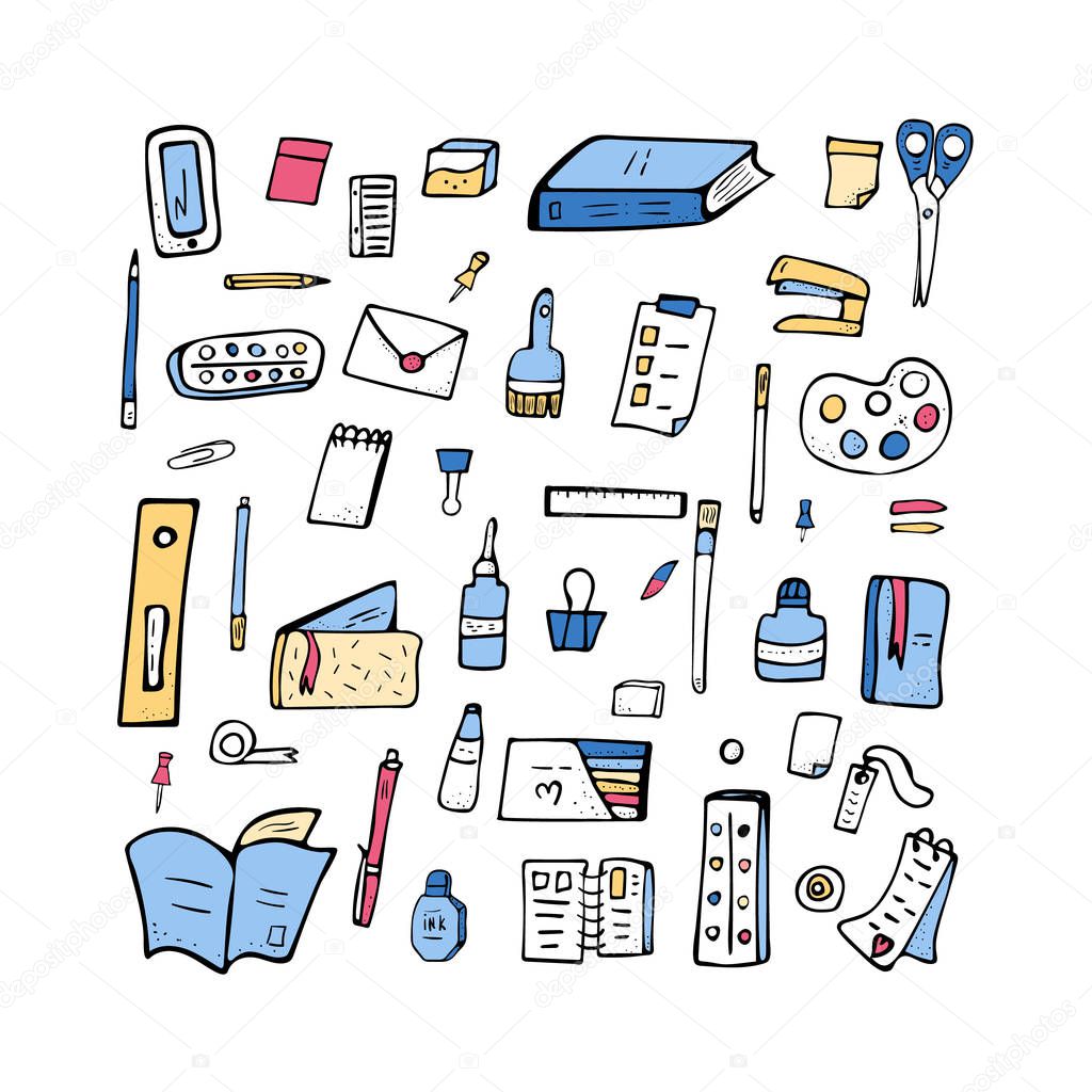 Set of vector doodle stationery. Office supplies.