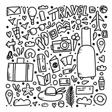 Seyahat doodle simgeler vektör kümesi.