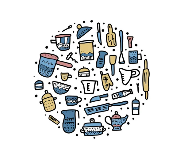Conjunto de equipos de cocina vectorial en estilo doodle . — Vector de stock