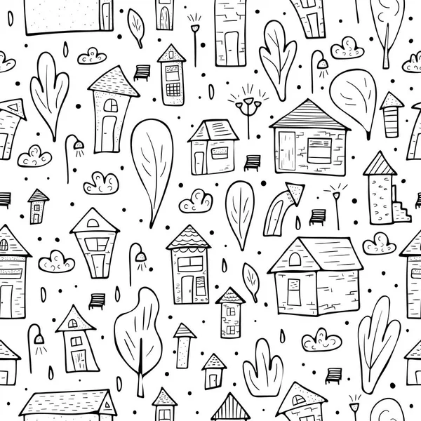 Seamless patter of vector houses, trees and clouds.