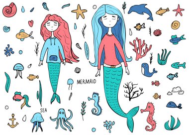Deniz kızı ve deniz ayarlayın. Vektör çizim.