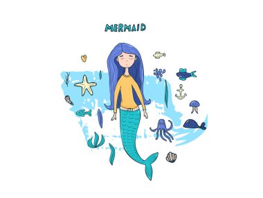 Deniz kızı ve deniz ayarlayın. Vektör çizim.