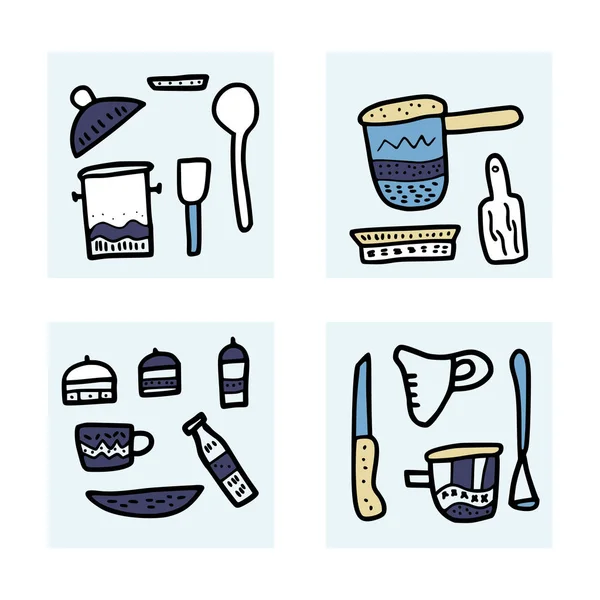 Conjunto de equipos de cocina vectorial en estilo doodle . — Vector de stock