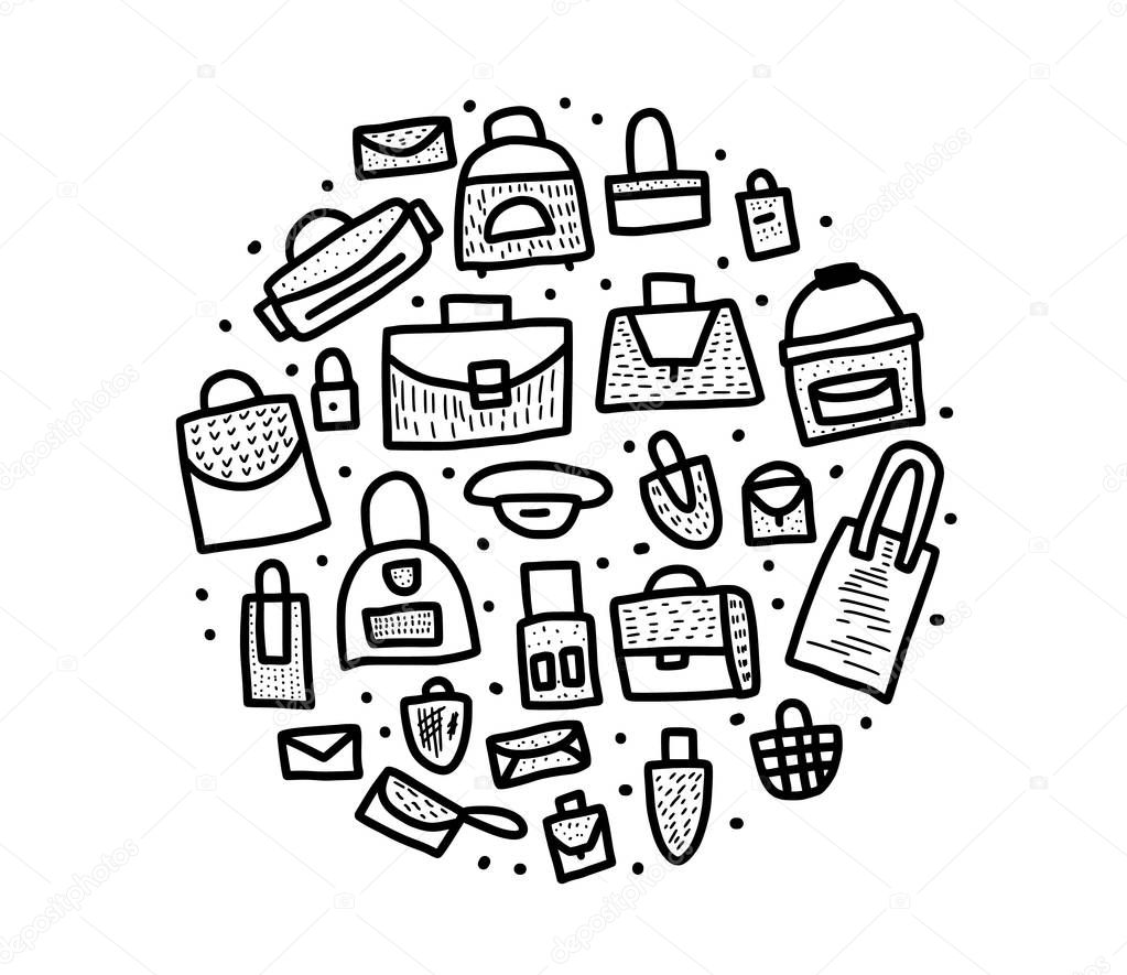 Vector set of bags in doodle style.
