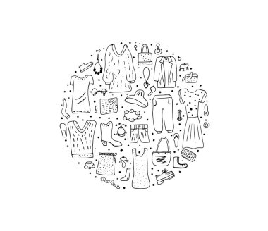 Kadın giysi ve aksesuarları ayarlanan stil doodle.