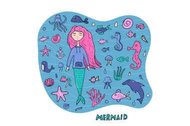 Deniz kızı ve deniz ayarlayın. Vektör çizim.