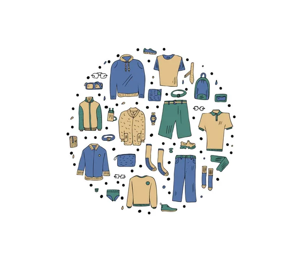 Άνδρες ρούχα και αξεσουάρ σε στυλ doodle. — Διανυσματικό Αρχείο
