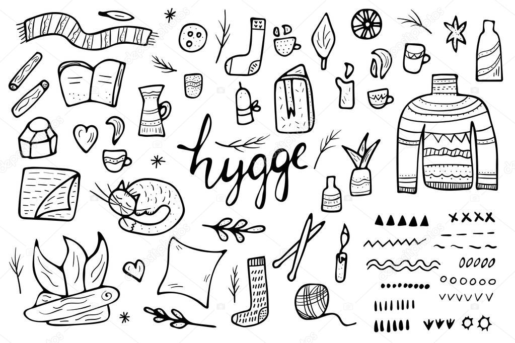 Hygge concept. Vector isolated symbols.