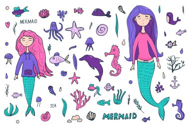 Deniz kızı ve deniz ayarlayın. Vektör çizim.