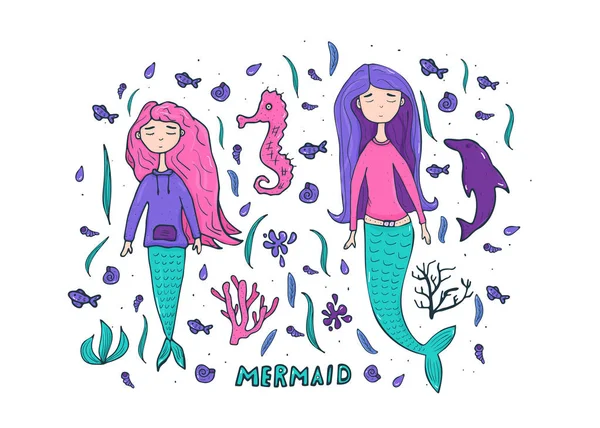 Deniz kızı ve deniz ayarlayın. Vektör çizim.