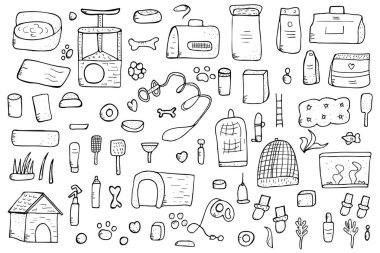 Evde beslenen hayvan dükkan kavramı. Vektör doodle stil tasarım.