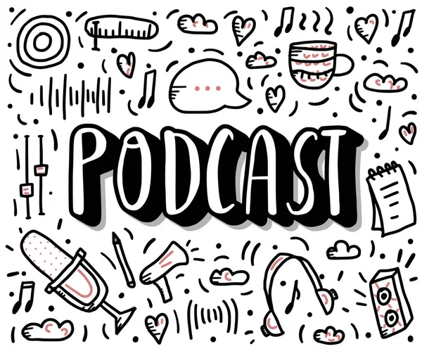 Podcast belettering met decoratie. Vector design. — Stockvector