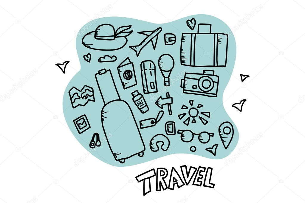 Set of travel doodle symbols in vector.