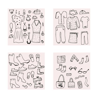 Kadın giysi ve aksesuarları ayarlanan stil doodle.