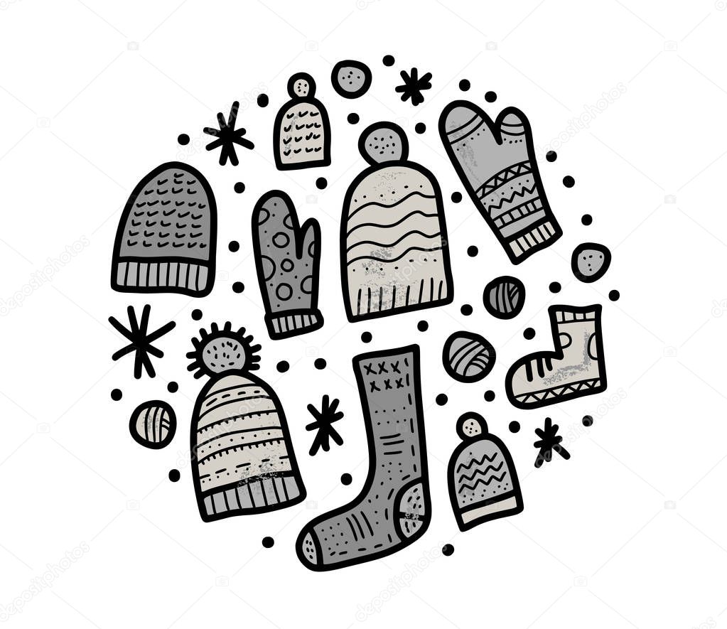 Warm socks, beanies set. Vector illustration.