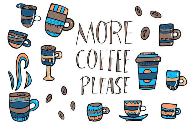 Další kafe prosím nápisy. Vektorové ilustrace. — Stockový vektor
