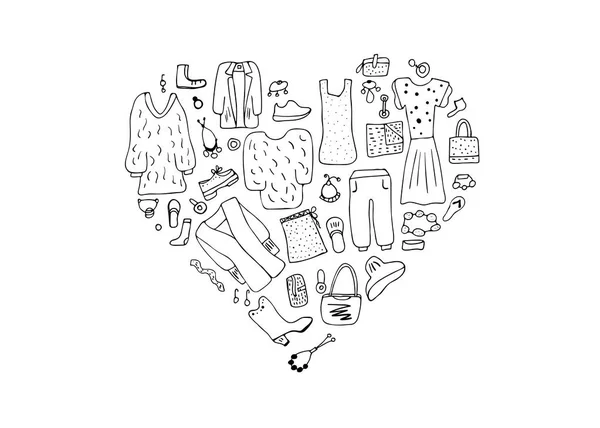 Ropa y accesorios de mujer engastados en estilo doodle . — Vector de stock