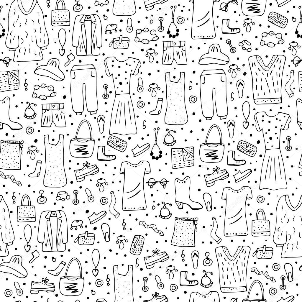 Seamless pattern of woman clothes and accessories.