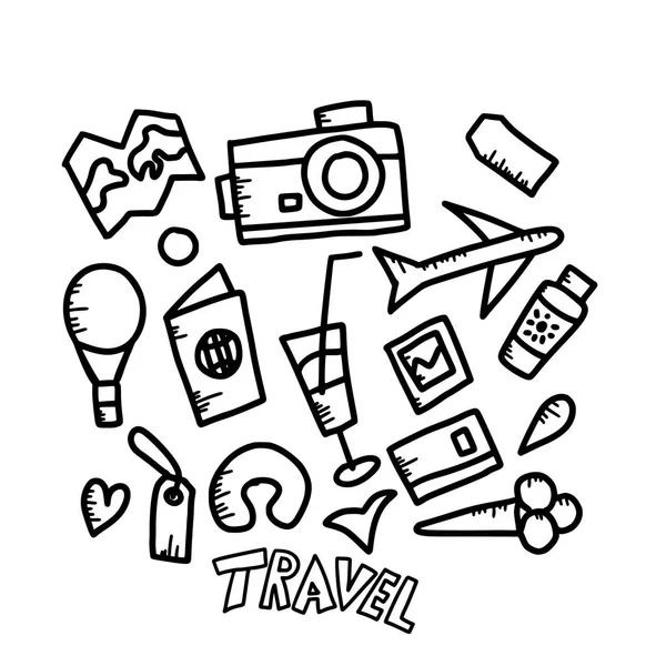 Conjunto de símbolos doodle viagem no vetor . — Vetor de Stock