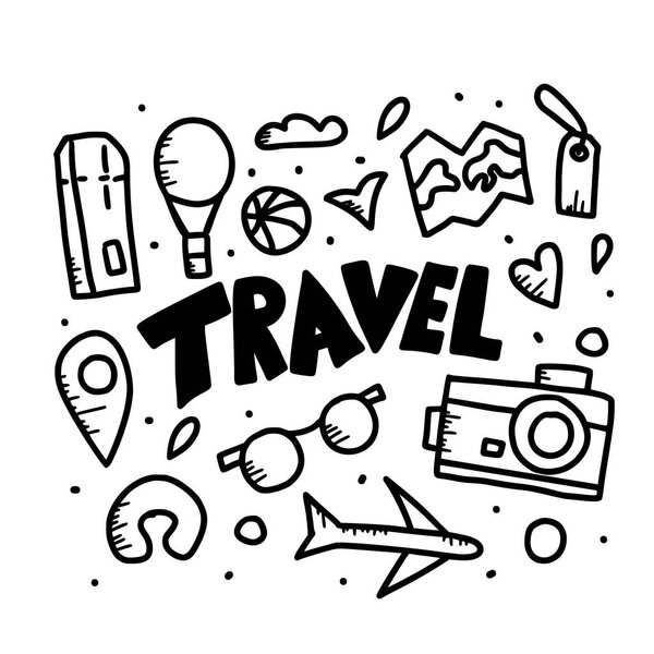 Set of travel doodle symbols in vector.