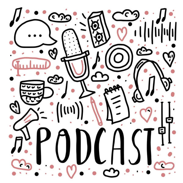 Podcast belettering met decoratie. Vector design. — Stockvector