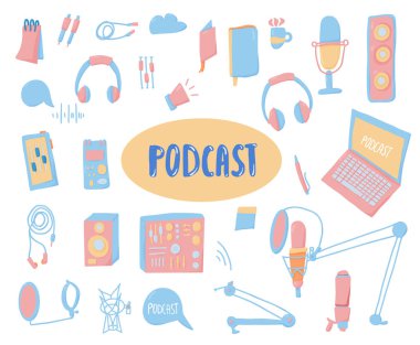 Podcast yazı dekorasyonu ile. Vektör tasarımı.