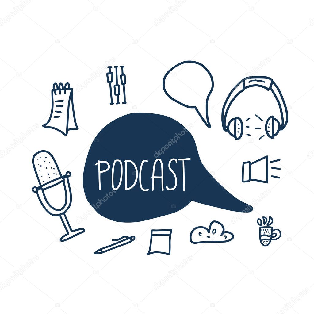 Podcast word and decor. Vector color illustration.