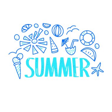 Yaz afişi. Dekorlu vektör renkli metin.