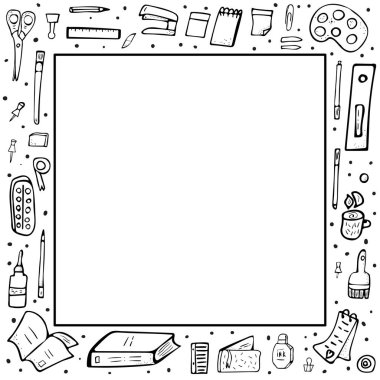 Vektör doodle kırtasiye kümesi. Ofis, banka donatımı.