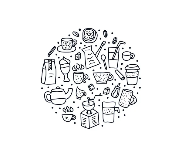Koffie doodle set ronde badge. Vector illustratie — Stockvector