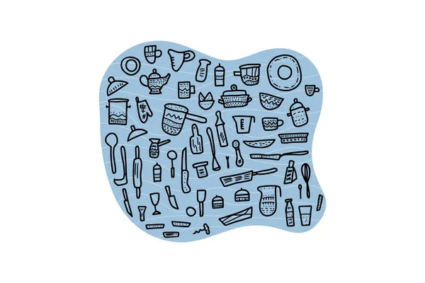 Conjunto de equipamentos de cozinha vetorial em estilo doodle . —  Vetores de Stock